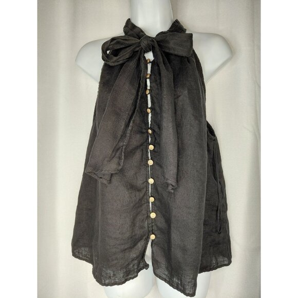 Zara Womens Black Linen Halter Top With Button Front & Tie Neck - Picture 1 of 7